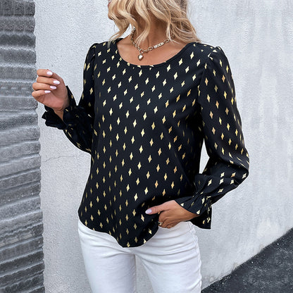 Bronzing Diamond Pattern Blouse with Ruffled Cuffs