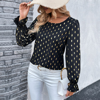 Bronzing Diamond Pattern Blouse with Ruffled Cuffs