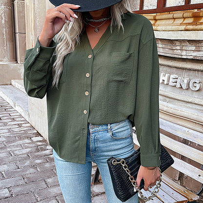 Oversized Solid Button-Down Shirt with V-Neck