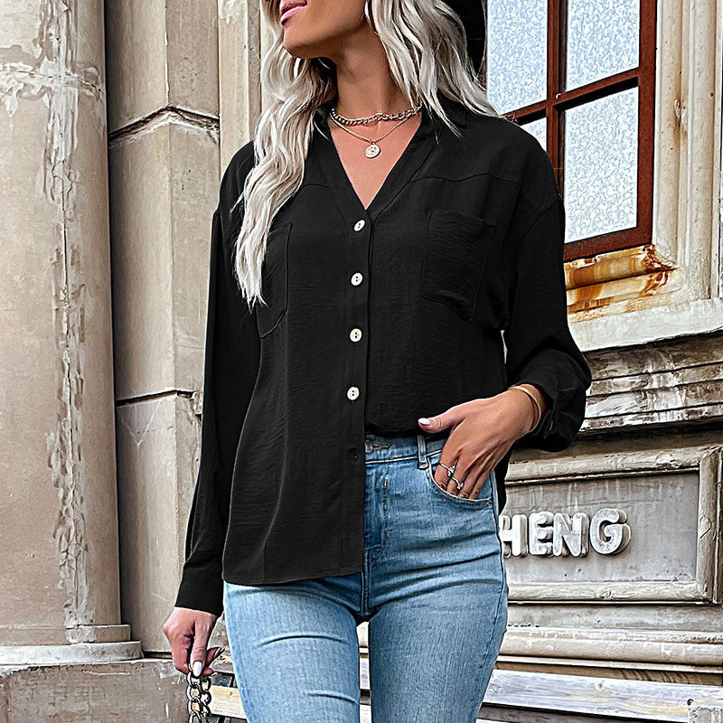 Oversized Solid Button-Down Shirt with V-Neck