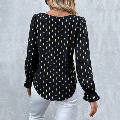 Bronzing Diamond Pattern Blouse with Ruffled Cuffs