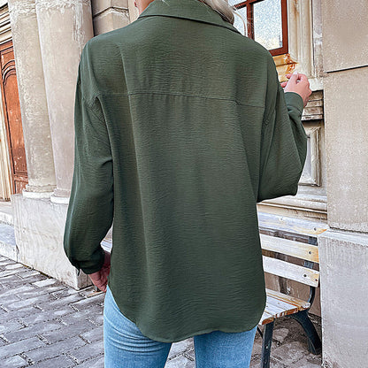 Oversized Solid Button-Down Shirt with V-Neck