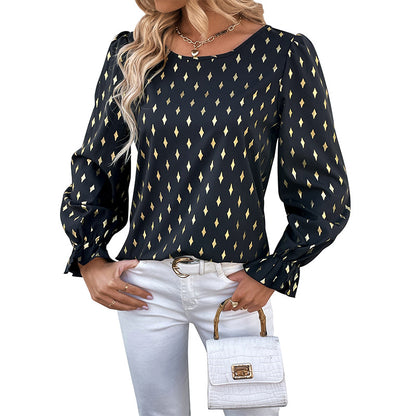 Bronzing Diamond Pattern Blouse with Ruffled Cuffs