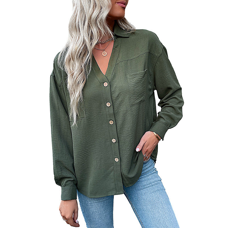 Oversized Solid Button-Down Shirt with V-Neck