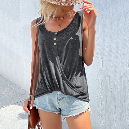 Solid Tank Top with Twist Front and Button Detail