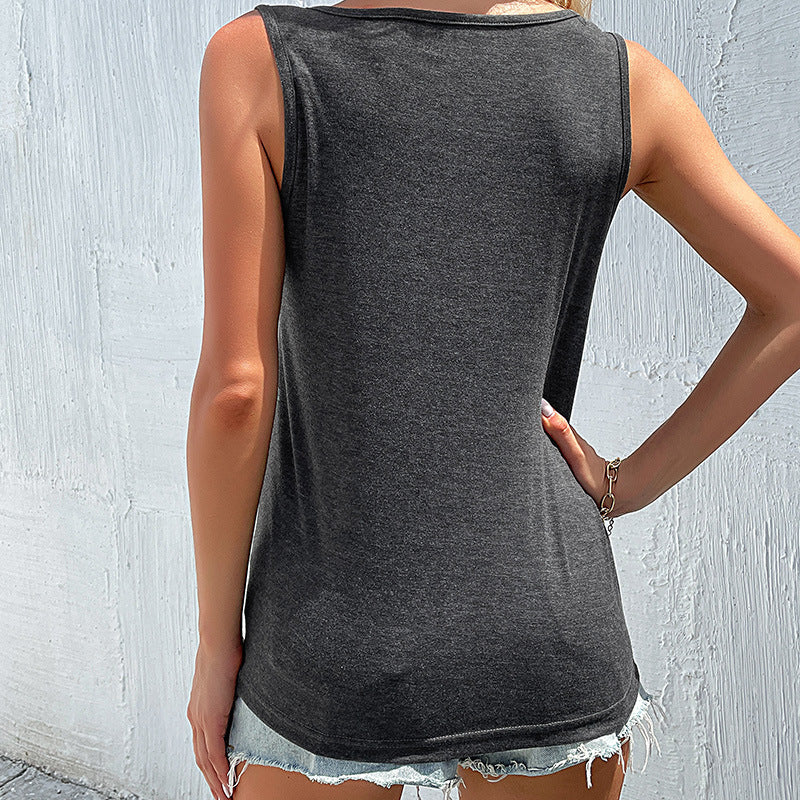 Solid Tank Top with Twist Front and Button Detail