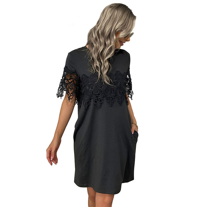 Loose A-Line T-Shirt Dress with Lace Overlay and Pockets