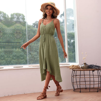 Solid A-Line Midi Dress with V-Neck and High-Low Hem