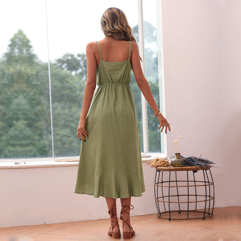 Solid A-Line Midi Dress with V-Neck and High-Low Hem