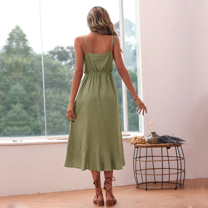 Solid A-Line Midi Dress with V-Neck and High-Low Hem