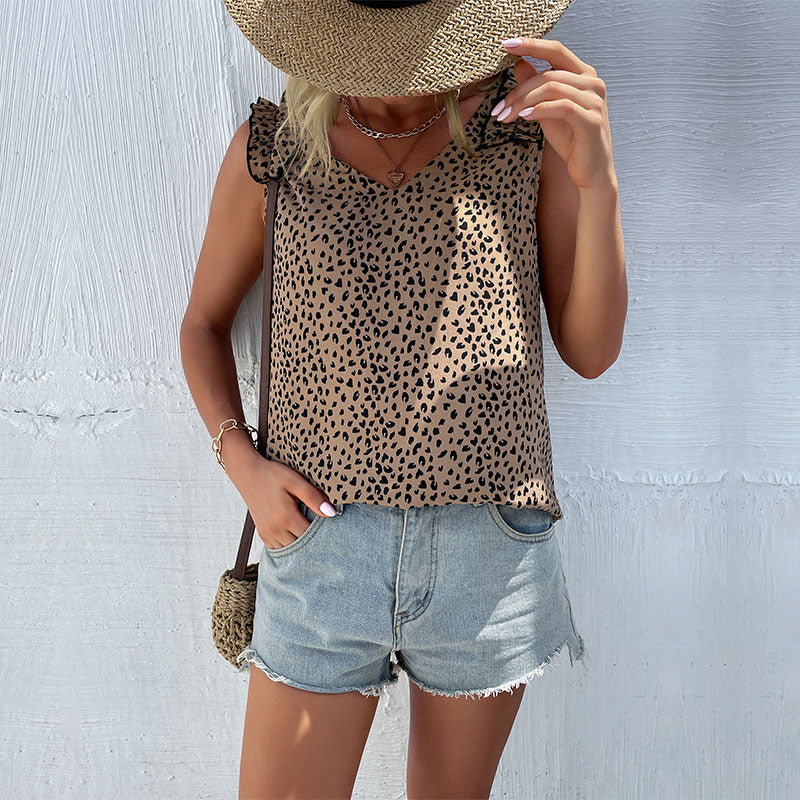 Leopard Print Sleeveless Top with V-Neck and Ruffle Shoulders