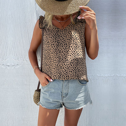 Leopard Print Sleeveless Top with V-Neck and Ruffle Shoulders