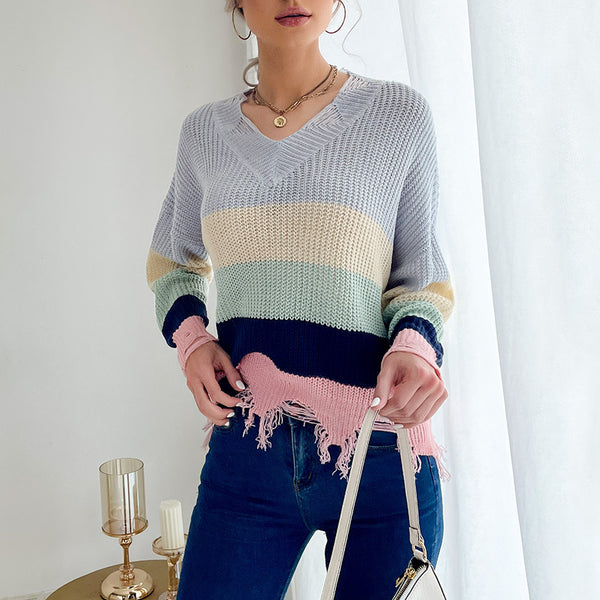 Color Block Knit Sweater with V-Neck and Distressed Hem