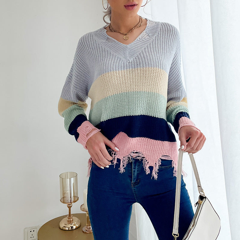 Color Block Knit Sweater with V-Neck and Distressed Hem