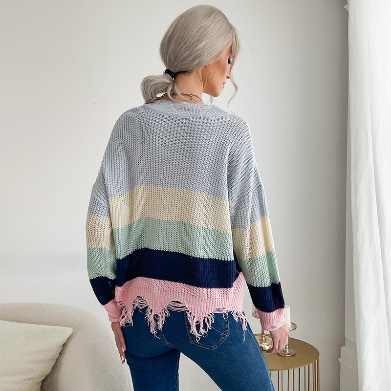 Color Block Knit Sweater with V-Neck and Distressed Hem