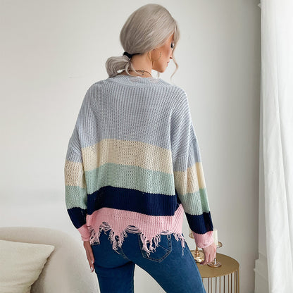 Color Block Knit Sweater with V-Neck and Distressed Hem