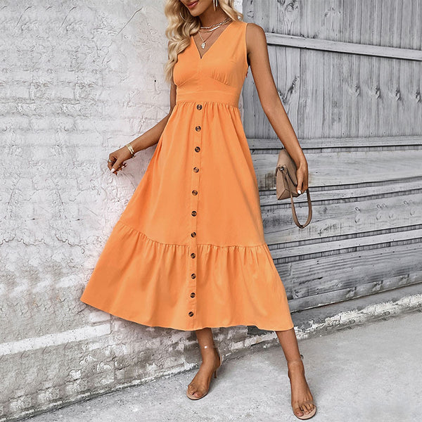 Sleeveless A-Line Midi Dress with V-Neck and Button Front