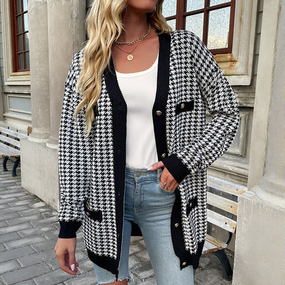 Houndstooth Loose Cardigan with Button Front