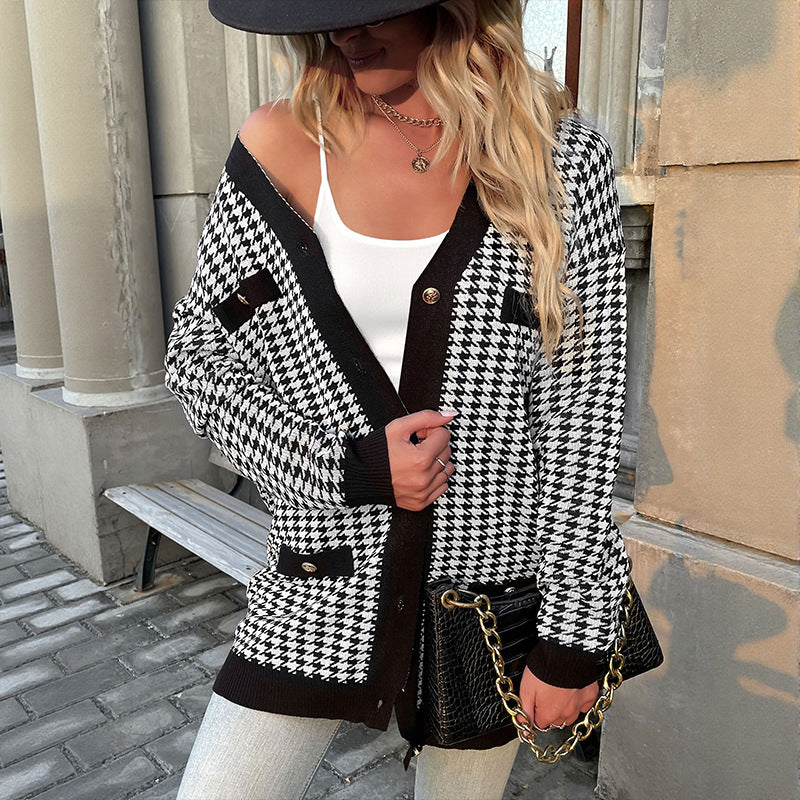 Houndstooth Loose Cardigan with Button Front