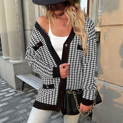 Houndstooth Loose Cardigan with Button Front