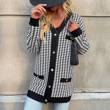 Houndstooth Loose Cardigan with Button Front