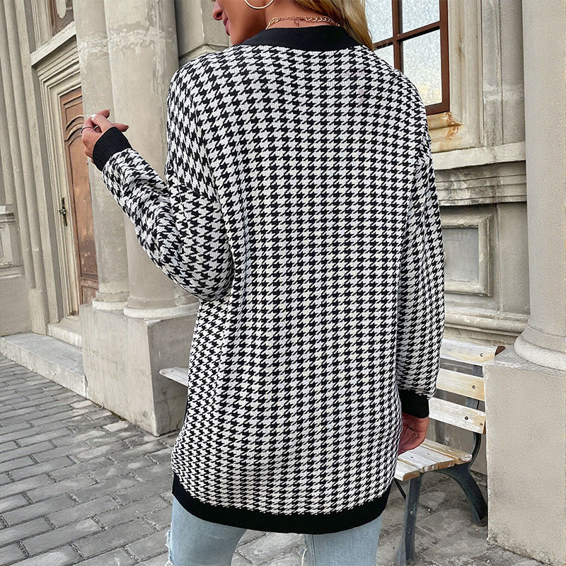 Houndstooth Loose Cardigan with Button Front