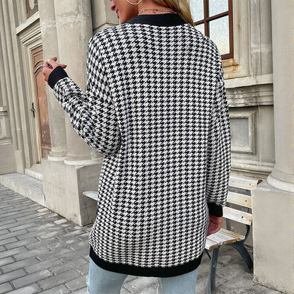 Houndstooth Loose Cardigan with Button Front