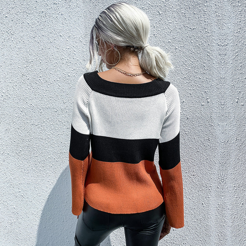 Color Block Ribbed Knit Sweater with Bell Sleeves