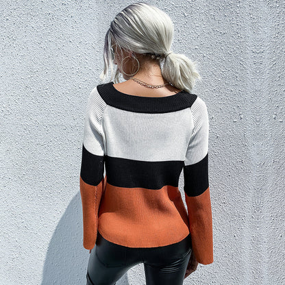 Color Block Ribbed Knit Sweater with Bell Sleeves