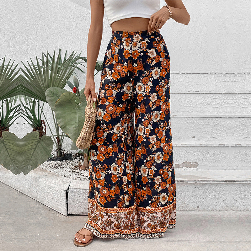 Floral Print Wide-Leg Trousers with High-Waist and Border Hem