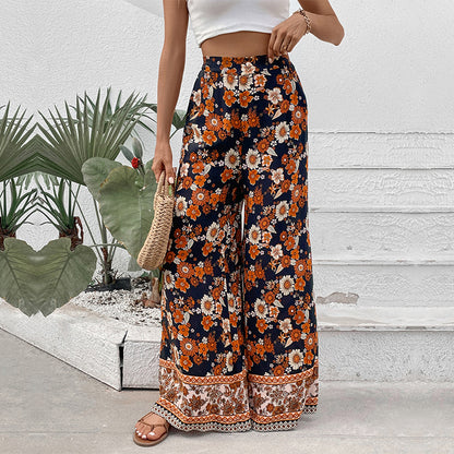 Floral Print Wide-Leg Trousers with High-Waist and Border Hem