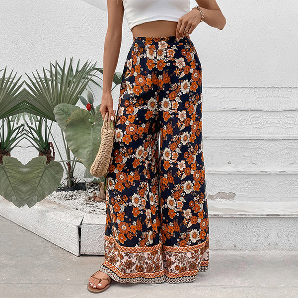 Floral Print Wide-Leg Trousers with High-Waist and Border Hem