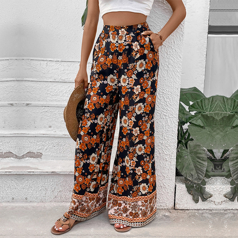 Floral Print Wide-Leg Trousers with High-Waist and Border Hem