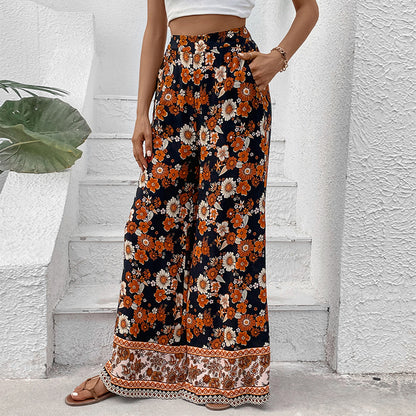 Floral Print Wide-Leg Trousers with High-Waist and Border Hem