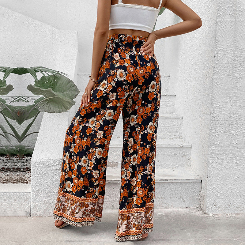 Floral Print Wide-Leg Trousers with High-Waist and Border Hem