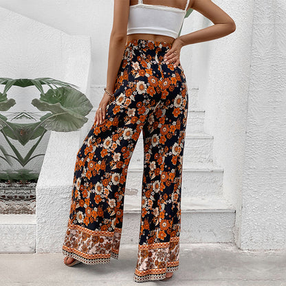 Floral Print Wide-Leg Trousers with High-Waist and Border Hem