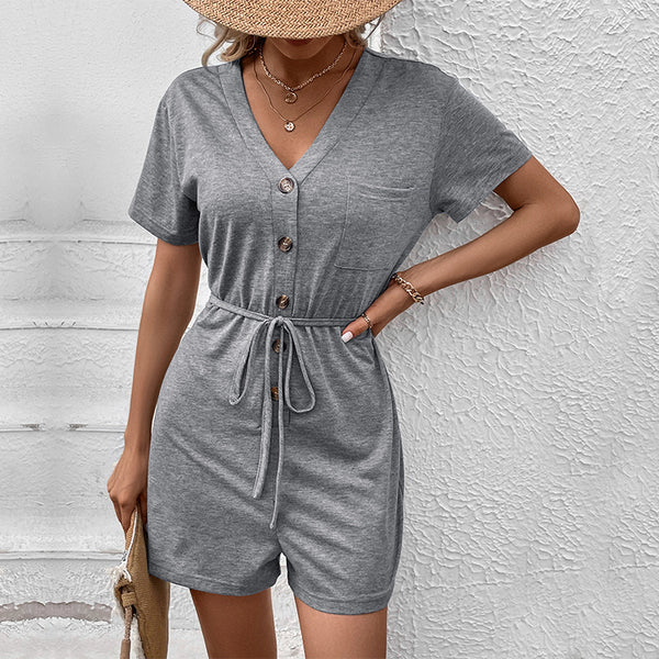 Solid V-Neck Romper with Button Placket and Tie-Waist