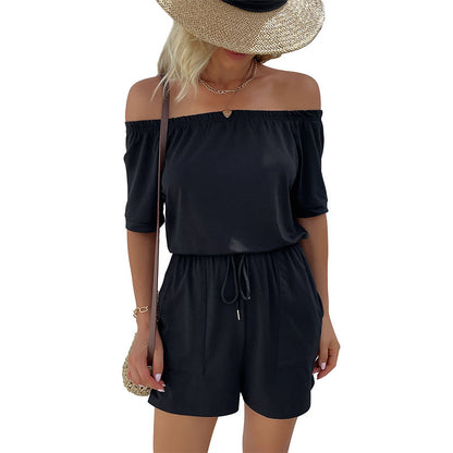 Off-Shoulder Romper with Drawstring Waist & Pockets
