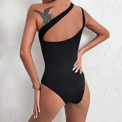 Ribbed One-Shoulder Bodysuit with Sheer Mesh Panels