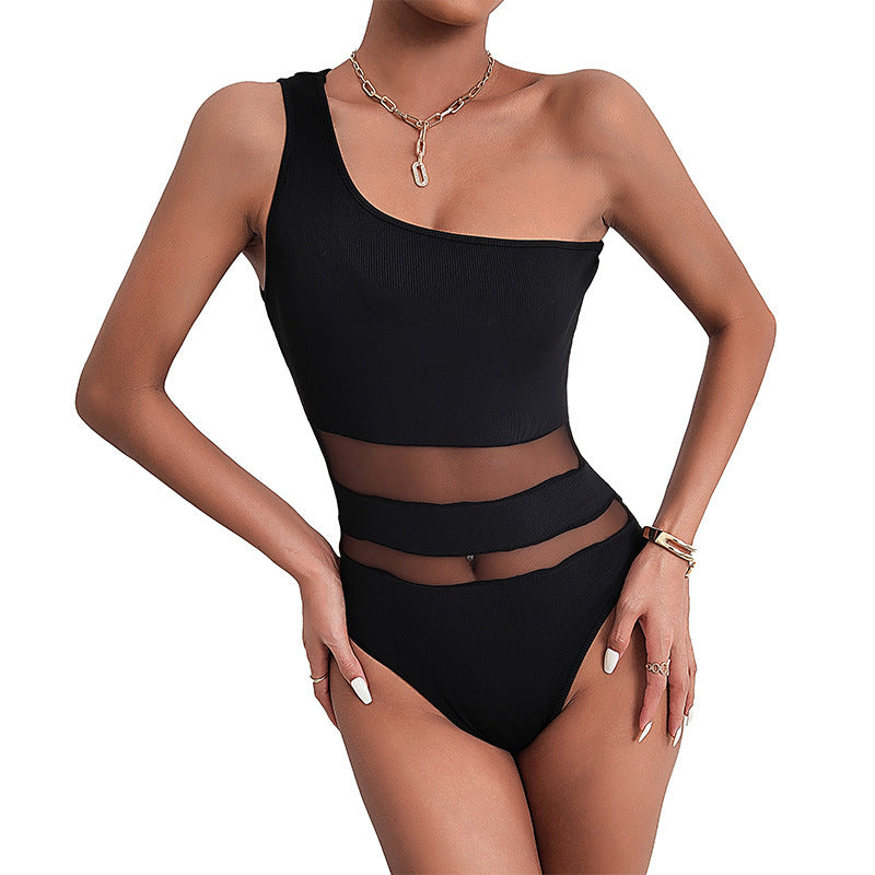 Ribbed One-Shoulder Bodysuit with Sheer Mesh Panels