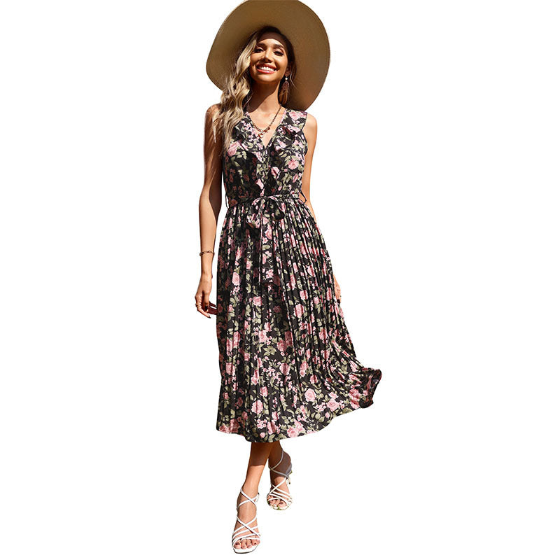 Floral Print Pleated Midi Dress with V-Neck and Tie Waist