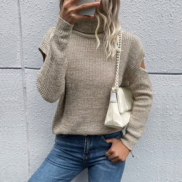 Solid Knit Sweater with Turtleneck and Cold Shoulder