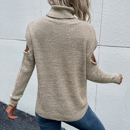 Solid Knit Sweater with Turtleneck and Cold Shoulder