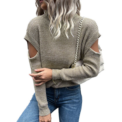 Solid Knit Sweater with Turtleneck and Cold Shoulder