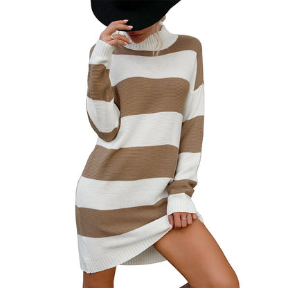 Oversized Striped Sweater Dress with Mock Neck
