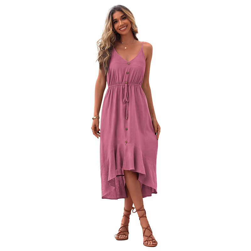 Solid Color Midi Dress with Button Front and High-Low Ruffle Hem