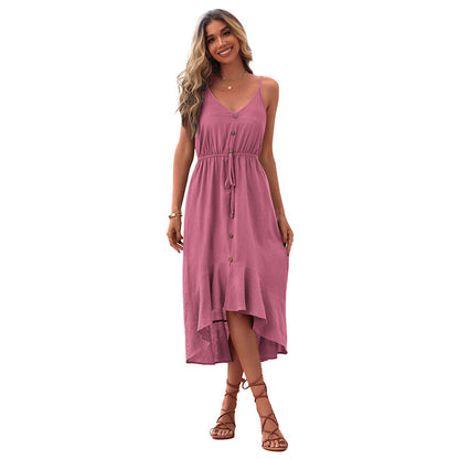 Solid Color Midi Dress with Button Front and High-Low Ruffle Hem