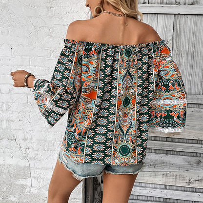 Bohemian Print Off-Shoulder Blouse with Bell Sleeves