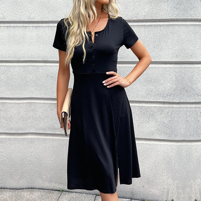 Solid T-Shirt Midi Dress with Henley Neck and Side Slit