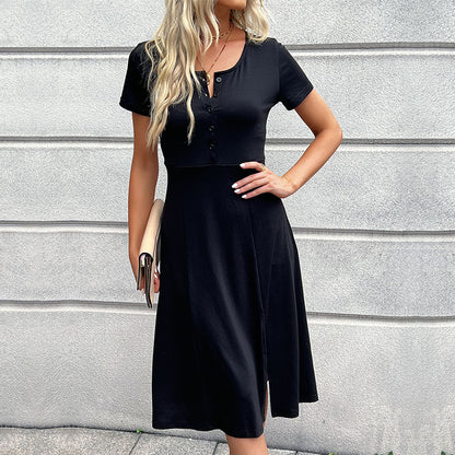 Solid T-Shirt Midi Dress with Henley Neck and Side Slit